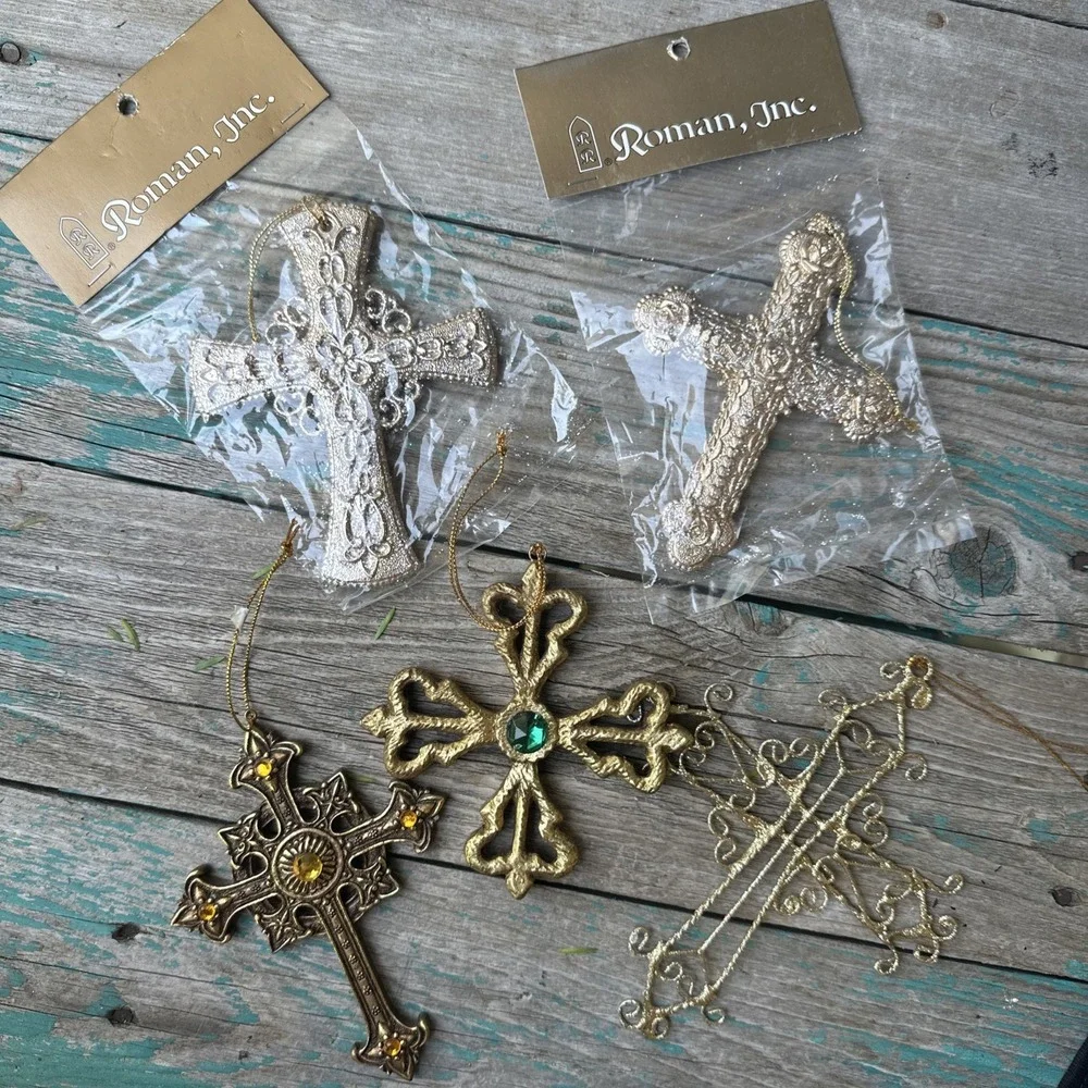 VTG Roman Inc Dimensional Cross Christmas‎ Holiday Ornaments Gold Tone Set Of 5